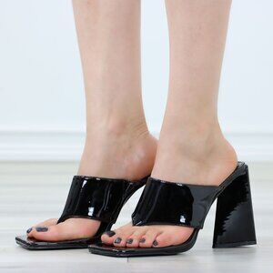 Black Patent Heeled Mules Open Toe Slip-On Chunky Block Sandals